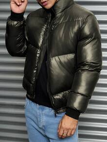 EURMUSE Men's Basic Casual Style Special Stitching Design Slim Fit Padded Coat - Army Green - View 3