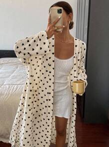 Livesso Heart Pattern Allover Print Long Sleeve Casual Bathrobe With Waist Belt Pajama, Fall, Winter - Black and White - View 7