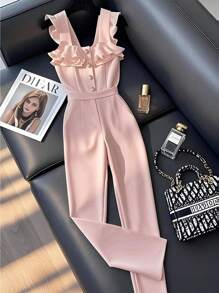 SHEIN Clasi Elegant volanger med fyrkantig krage, ärmlös, passande jumpsuit för kvinnor - Rosa - Visa 1