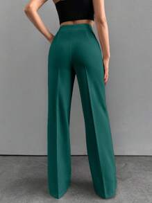 EURMUSE Women Solid Color Button Front Straight Leg Pants - Green - View 2