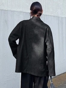 FRIFUL 女士宽松纯色牛仔效果翻领休闲西装外套，秋季商务着装