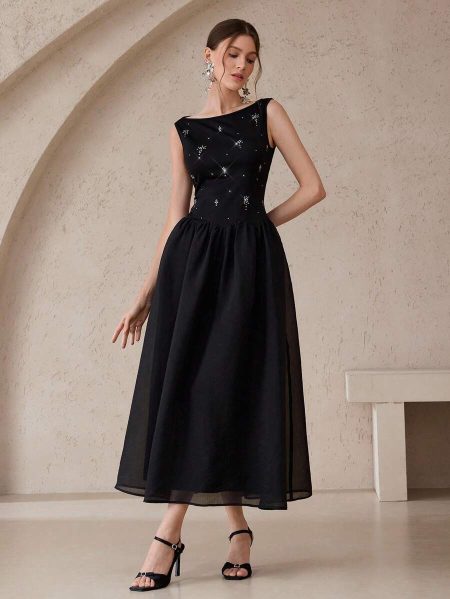 Modelyn Đầm suông cổ tròn xếp ly không tay đính đá sang trọng cho nữ - màu đen - Xem 1