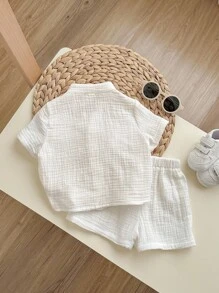2pcs Baby Boy Solid Color Notch Neck Short Sleeve Top And Elastic Waist Shorts Set - White - View 2