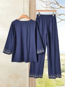 Rusticease 女款幾何刺繡V領長袖襯衫與長褲休閒兩件套 女款兩件套長褲套裝 女款套裝 女款兩件套套裝 棉質兩件套 秋季校園服裝 商務休閒 女款服裝仙女風 工作/辦公室秋季服裝 女款秋季服裝 - 藏蓝色 - 查看 5
