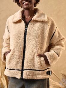 Bóhologie Women's Faux Shearling Coat, Zip-Up Front, Buckle Neckline, Contrast Piping, Oversized Teddy Jacket, Zipper Closure, Faux Leather Trim, Longline Fit, Sherpa Fleece Coat, Stand Collar, Adjustable Hem, Cozy Fit - Beige - View 4