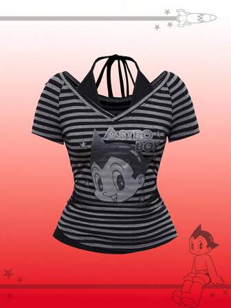 Astro Boy X ROMWE Damen Retro gestreiftes Muster 2 in 1 Enges T-Shirt