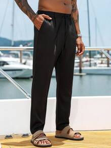 Manfinity Homme Men's Solid Color Pleated Straight Loose Casual Pants - Black - View 4