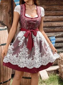 Serisse 女式复古刺绣网眼撞色无袖连衣裙 女式复古 V 领系带束腰连衣裙 女式撞色蕾丝短袖方领腰带全身印花甜美荷叶边下摆连衣裙 慕尼黑啤酒节连衣裙 慕尼黑啤酒节节日连衣裙 慕尼黑啤酒节节日连衣裙 慕尼黑啤酒节节日 - 酒紅色 - 查看 1