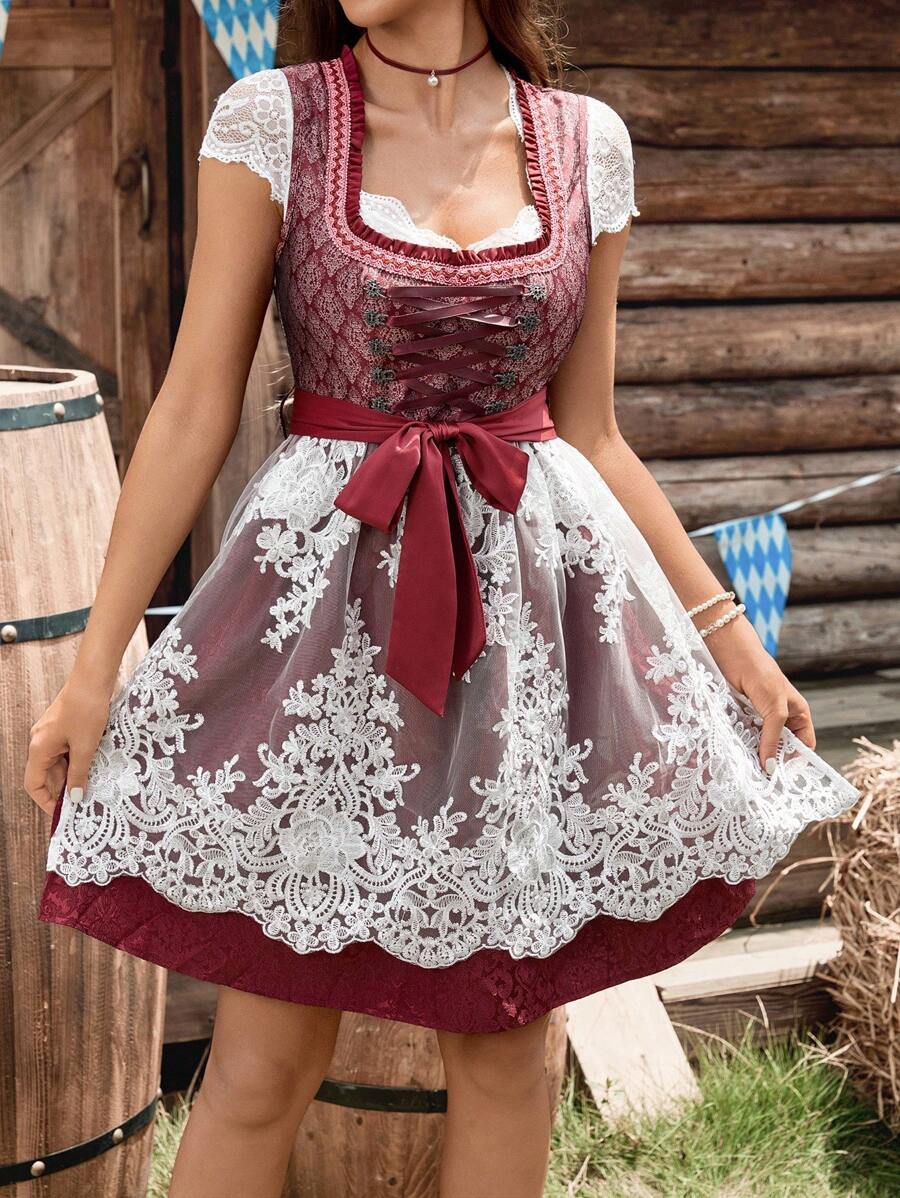 Serisse 女式复古刺绣网眼撞色无袖连衣裙 女式复古 V 领系带束腰连衣裙 女式撞色蕾丝短袖方领腰带全身印花甜美荷叶边下摆连衣裙 慕尼黑啤酒节连衣裙 慕尼黑啤酒节节日连衣裙 慕尼黑啤酒节节日连衣裙 慕尼黑啤酒节节日 - 酒紅色 - 查看 1