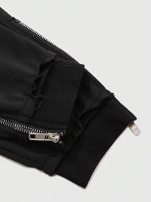 PAVTROS 男士街头时尚和嘻哈风格运动衫连帽衫，针织连帽运动衫运动衫，针织运动服，拉链和铆钉装饰，极简主义设计，独特风格，街头文化，年轻时尚，休闲舒适，简约别致，节日礼物，中性男士黑色拉链连帽衫黑色拉链连帽衫夹克拉链连帽衫带古铜色补丁男士街头风连帽衫宽松拉链连帽衫 - 黑色 - 查看 7