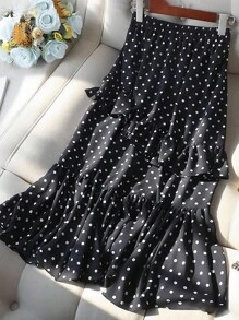 Franclia 女式优雅褶饰圆点荷叶边下摆半身裙 - 黑色 - 查看 1