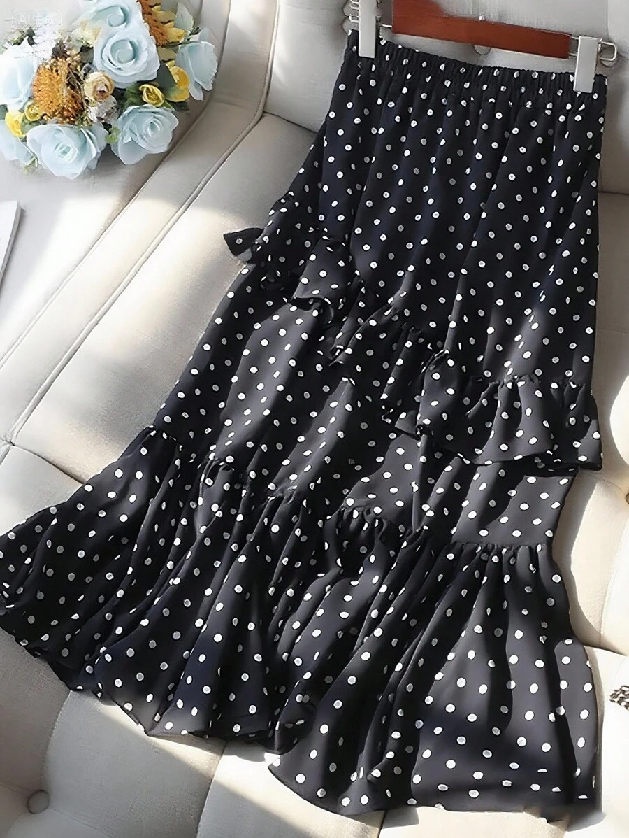 Franclia 女式优雅褶饰圆点荷叶边下摆半身裙 - 黑色 - 查看 1