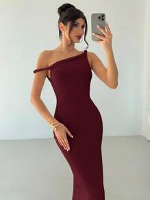 Firerie 女士优雅简约精致都市时尚日常通勤派对婚礼度假扭纹不对称紧身杏色细肩带连衣裙，春夏