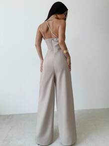 Mono de verano nuevo, elegante y minimalista de lino de color albaricoque con espalda descubierta, plisado en la cintura y piernas anchas, para vacaciones, uso diario y todas las estaciones - Albaricoque - Ver 10