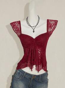 SHEIN ICON Women's Ruched Front Fitted Sexy Lace Patchwork Cap Sleeve Backless Casual Vacation Cropped Camisole Burgundy Lace Top - Burgundy - View 4