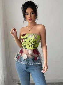 Elenzga 春夏季女士花卉刺绣拼布不对称下摆浪漫度假抹胸 - 橄欖綠 - 查看 3