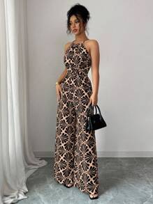 Selianne 女士印花面料束腰连体裤，优雅度假和日常穿着 - 棕色 - 查看 3