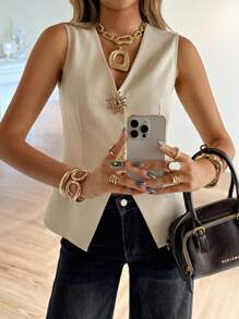 Siren Gaze Áo vest mỏng trang trí khóa kim loại cho nữ mùa thu/đông - Màu be - Xem 6