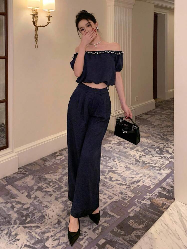 2pcs Women Casual Beaded Off Shoulder Crop Top And Straight Leg Pants Set, Loose Vacation Outfit, Spring/Summer