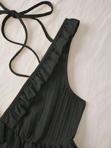 INAWLY 女士休闲荷叶边吊带简约迷你连衣裙，浅黄色优雅风格适合夏季度假 - 黑色 - 查看 5