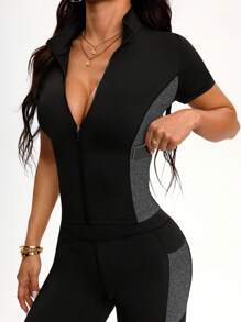 Seamluxe SHEIN Sport 女士立领拉链拼色针织运动服套装 - 彩色 - 查看 3