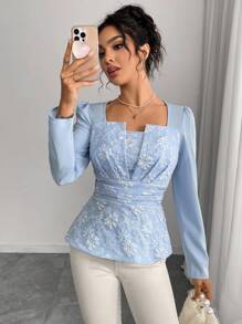 Rafferiza 优雅通勤提花拼布腰衬衫 - 藍色 - 查看 1