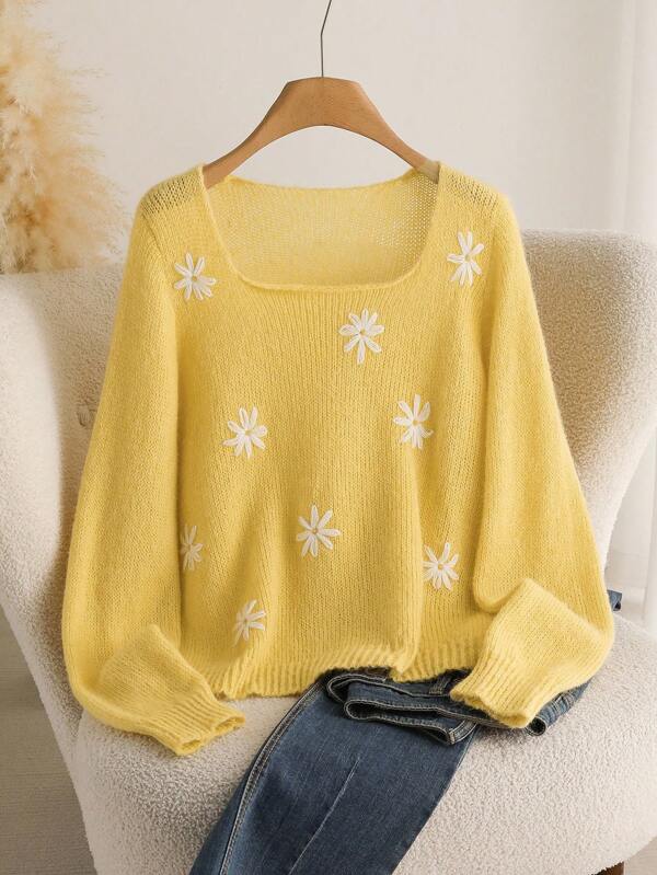 CosyJoli Suéter holgado casual amarillo con estampado floral de margaritas para mujer de talla grande en otoño/invierno