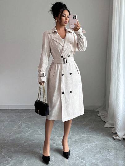 Elenzga Women's Lapel NeckLong Sleeve Jacquard Textured Fabric Long Trench Coat Fall Winter Cloth For Women