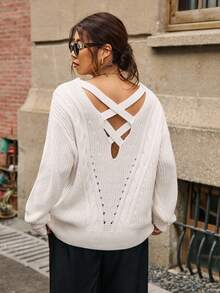 Easura Suéter midi de cuello en V con trenzado de punto, de manga larga, talla grande, cómodo para el transporte