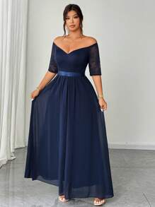 Elenzga 大码女式优雅浪漫派对连衣裙，蕾丝拼布露肩短袖腰部收腰雪纺飘逸长裙 - 藏蓝色 - 查看 4