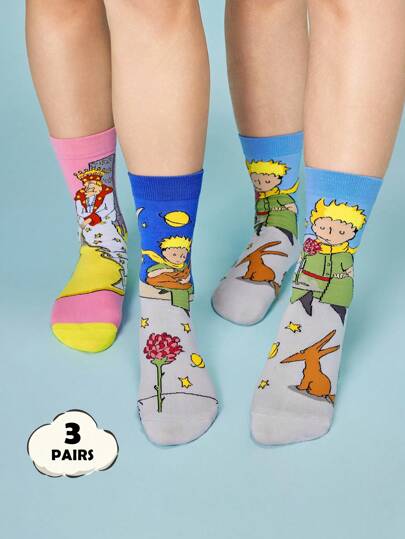 LE PETIT PRINCE X SHEIN 3 Pairs Soft & Breathable Moisture-Wicking Casual Women Mid-Calf Socks Fashionable And Cute Pink & Blue Crew Socks Reinforced Toe & Heel For Durability All Season All-Match,Moon & Star