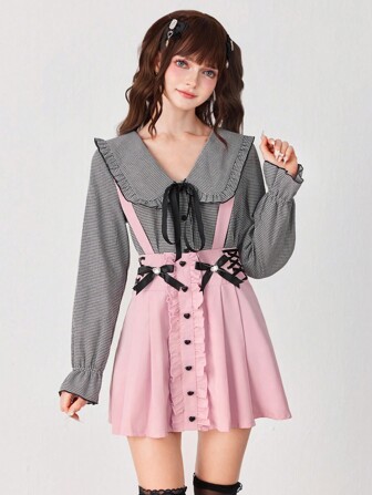 EDITION Gonna a pieghe con bretelle, stile scolastico carino e femminile, decorata con fiocco e diamante a forma di cuore