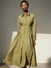 Aveloria Modichic فستان طويل بتصميم أخضر ليموني جمالي، مزين بجيوب وتصميم شق جانبي مزدوج، مناسب للتجول في المعارض الفنية وزيارة المقاهي - أخضر - مشاهدة 4