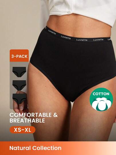 LUVLETTE 3-Pack Airy Cotton Basic High-Waist Briefs Women Underwear Panties Set-All Black Also Suitable For Teen Girl & Young & Kid