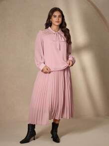 Chikora 大码纯色蝴蝶结装饰长袖上衣和百褶裙两件套女式百褶裙套装粉色百褶裙长袖粉色衬衫百褶中长裙粉色连衣裙女式粉色套装秋季服装大码商务休闲女式办公室服装女士工作服女士工作服 - 藕粉色 - 查看 5