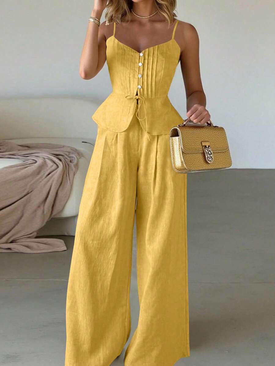 EMERY ROSE 2pcs Linen Solid Color Camisole & Wide Leg Pants Set - Yellow - View 1