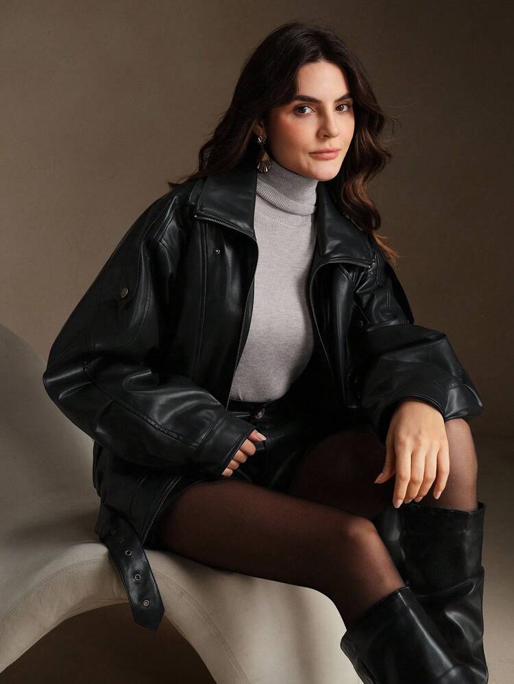 Chaqueta de cuero sintético negro holgada para mujer, nueva para otoño/invierno, chaqueta de motocicleta de manga larga y gruesa, adecuada para uso casual, formal, fiesta, elegante, Año Nuevo, Navidad, trabajo, graduación, boda