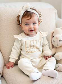 SHEIN Infant Girls Casual Embroidered Letter Textured Envelope Collar Jumpsuit & Headband Set, Spring/Autumn - Apricot - View 3