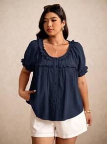 Elaquor Plus Size Women's Solid Color Frill Trim Round Neck Single-Breasted Short Sleeve Casual Shirt Spring To Summer - Navy Blue - View 7