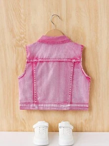 SHEIN Tween Girl Y2K 春夏波西米亚风水洗休闲时尚学院风无袖牛仔夹克 - 粉色 - 查看 2