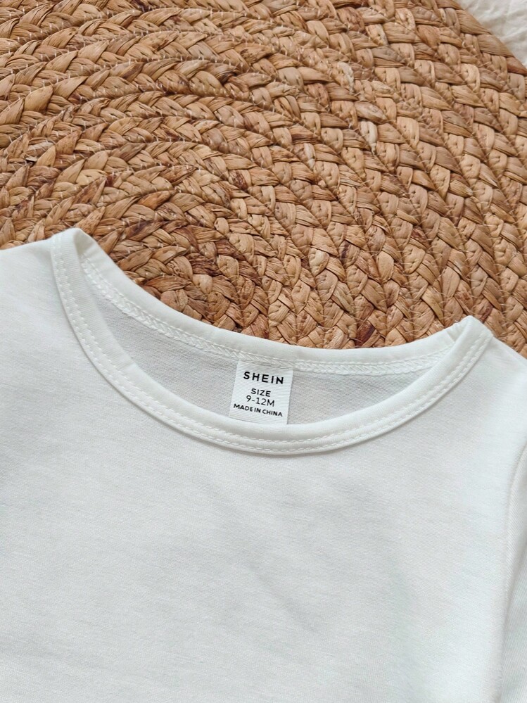 SHEIN 2pcs Baby Girls' White Long Sleeve T-Shirt & Denim Pinafore Dress Set, Ditsy Floral, Comfortable Casual Outfit For Spring/Autumn - Blue - View 5