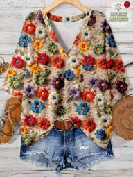 EMERY ROSE Floral Print Loose V-Neck Pocket Short Sleeve T-Shirt, Casual Vacation Wear, Plus Size, Suitable For Summer,Holiday Outfits For Women