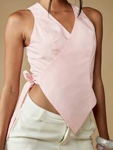 MISSGUIDED 裹身式芭蕾短款上衣，无袖，V 领，侧系腰带，夏季工作室休闲晚会装 - 粉色 - 查看 5