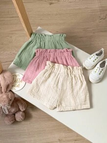 Baby Girl Casual Summer Elastic Waistband Solid Color Shorts 3pcs Set - Multicolor - View 2