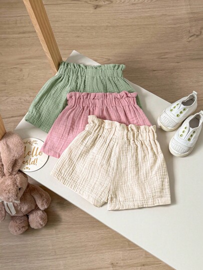 Baby Girl Casual Summer Elastic Waistband Solid Color Shorts 3pcs Set