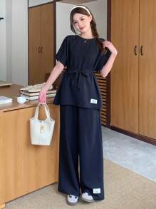 SHEIN Long Striped Teen Girls Co-Ords In Royal Blue With Comfortable Fit And Classic Round Neck Two Piece Set Pants And Top Set Preppy Two Piece Set Linen Two Piece Set Wide Leg Pants And Top Set Wide Leg Pants Set