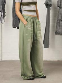 COUREZ 低腰超宽松水洗慢跑裤 / Y2K 秋季女装街头复古阔腿裤 - 綠色 - 查看 4