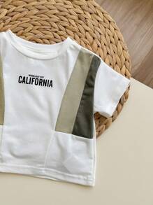 Ensemble Décontracté Pour Bébé Garçon À Col Rond Ample, Avec Lettre Et Imprimé À Blocs De Couleurs, T-shirt À Manches Courtes Et Short - Multicolore - Voir 6