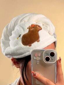 1 Pc Cute Cartoon Capybara Plush Dry Hair Cap Good Absorbent Quick Dry Coral Velvet Shower Cap For Women Kids Kawaii Girl Hair Towel Home Bathroom Decor Summer Back To School - Multicolor - View 15