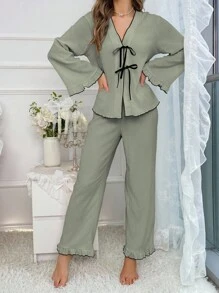 SHEIN 女士撞色滚边落肩休闲宽松夏季睡衣套装，秋冬服装 - 綠色 - 查看 5
